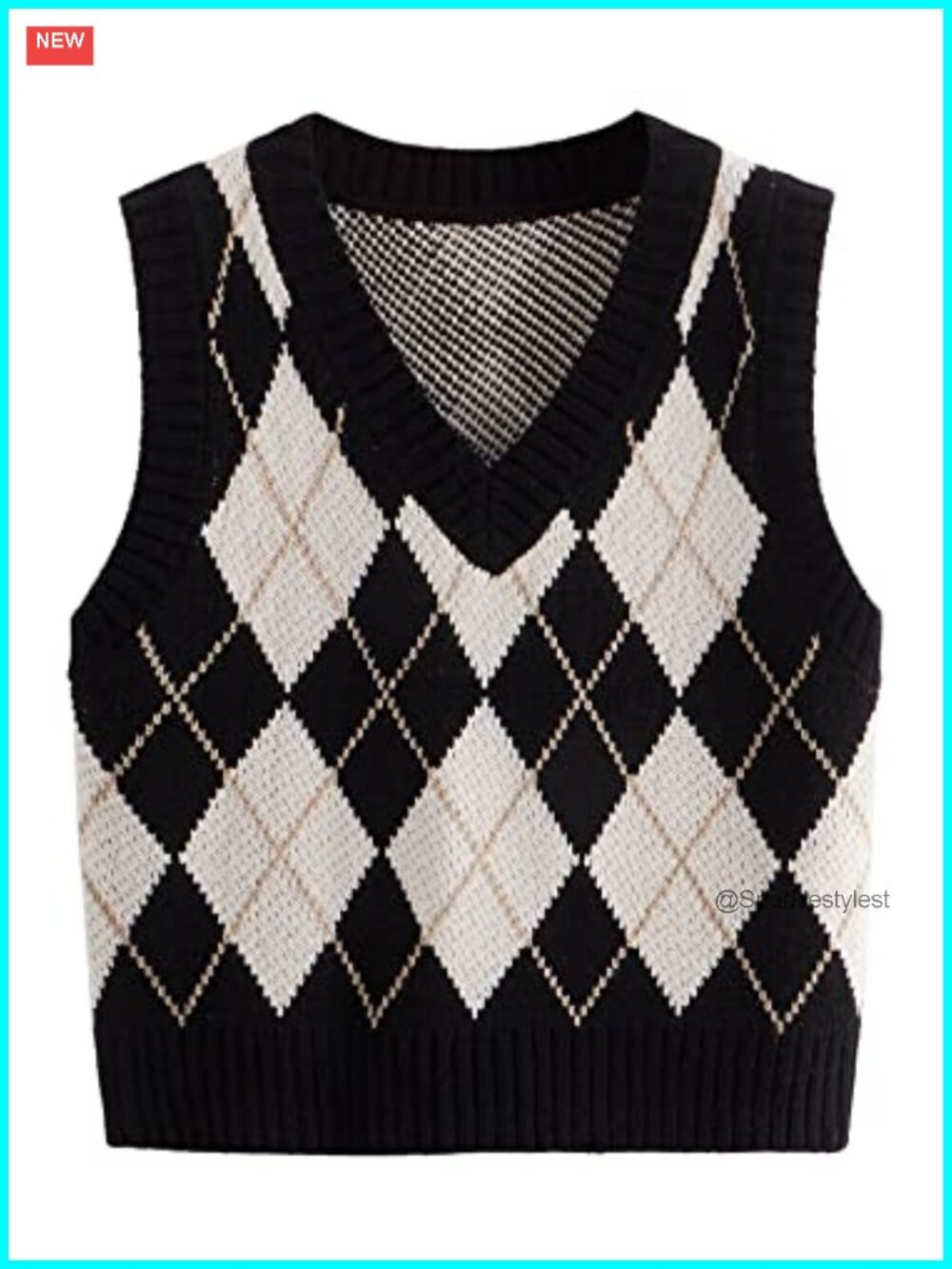 Sleeveless V Neck Knit Crop Top Sweater Vest Geo Plaid